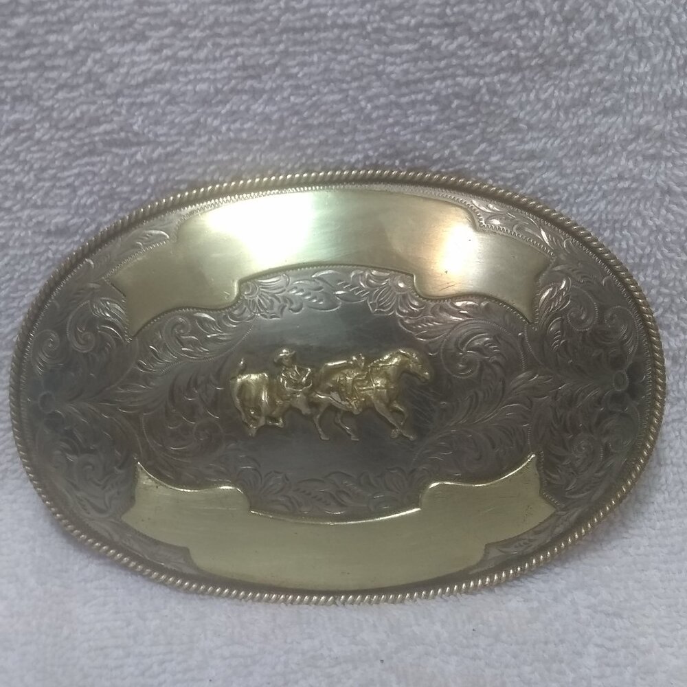 Montana Silversmiths Huge Buckle Calf Roping Dual Gold Banners German Silver VTG